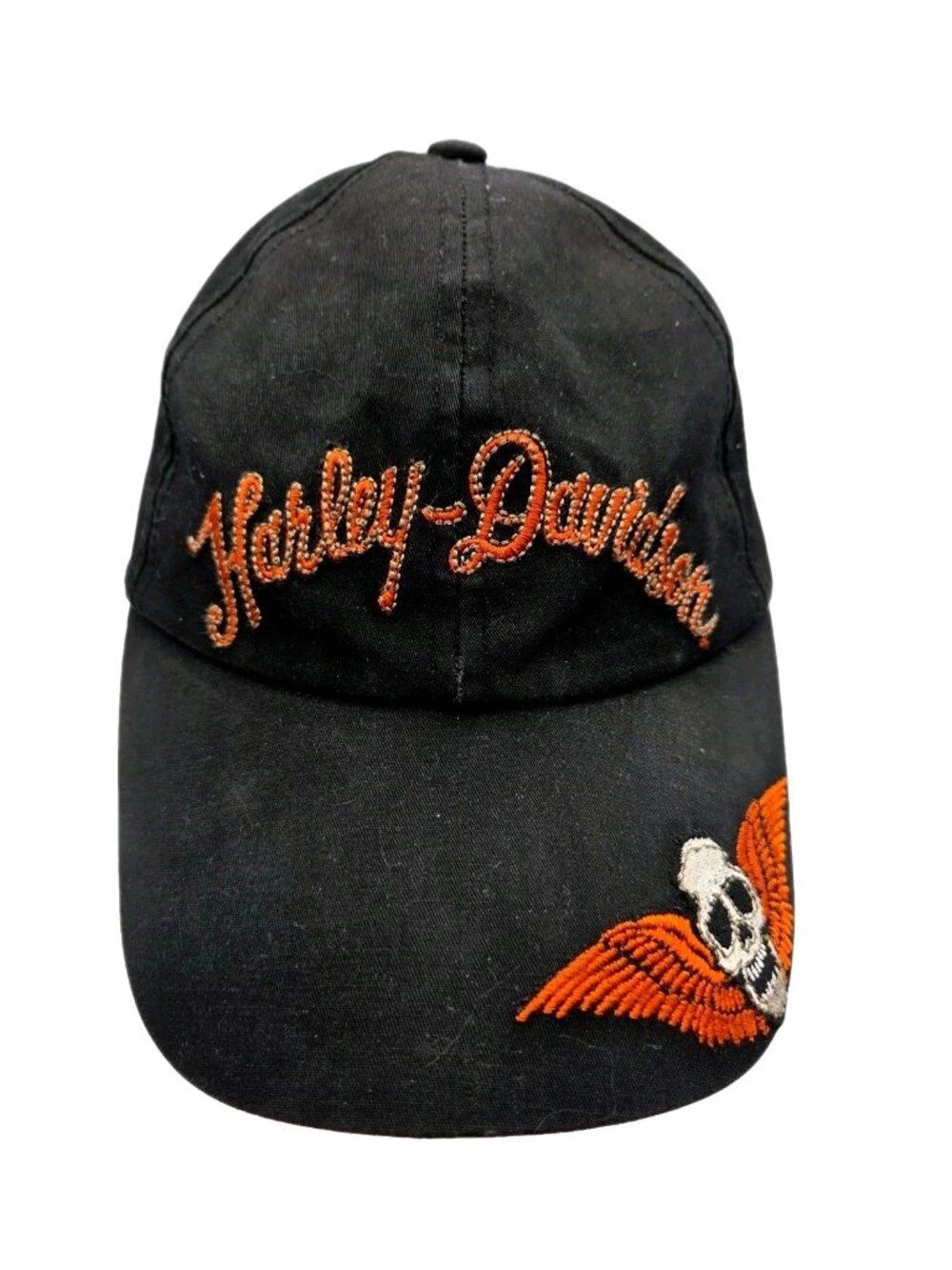Harley-Davidson Black & Orange Winged Skull Embroidered Adjustable Cap Hat